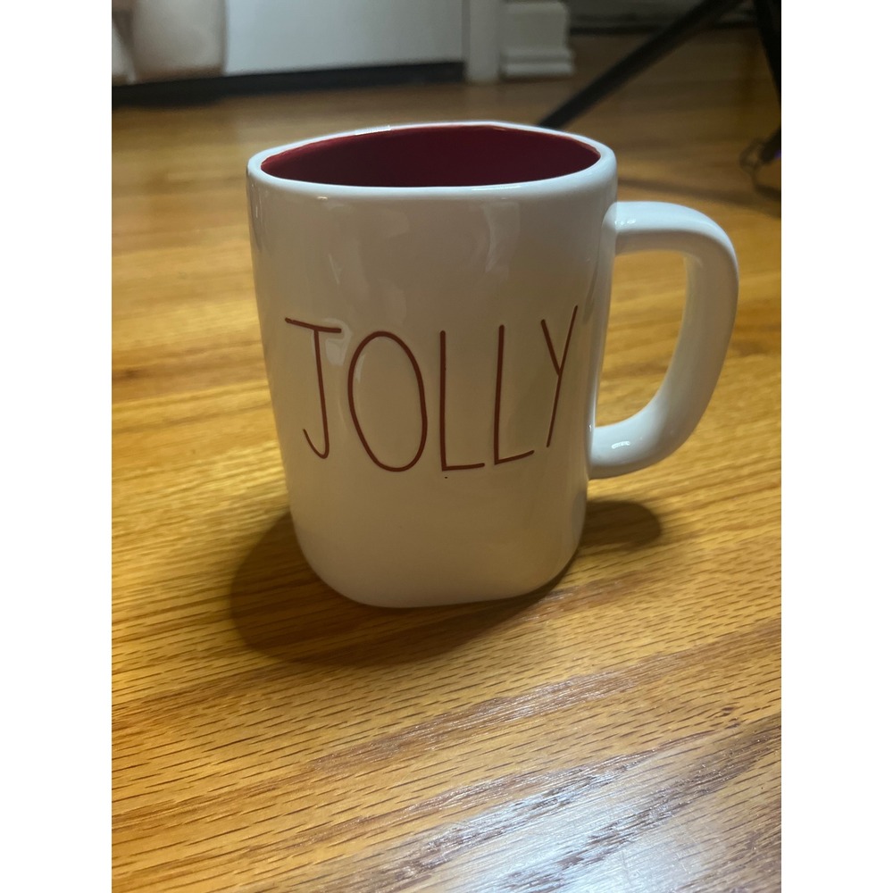 Rae Dunn JOLLY Christmas Holiday White Coffee Mug Red Inside